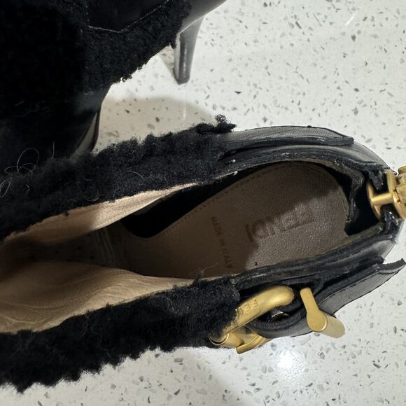 Fendi FF Black Fendista Shearling Fur Suede Buckled Platform Ankle Boots LS 36 - Picture 6 of 8